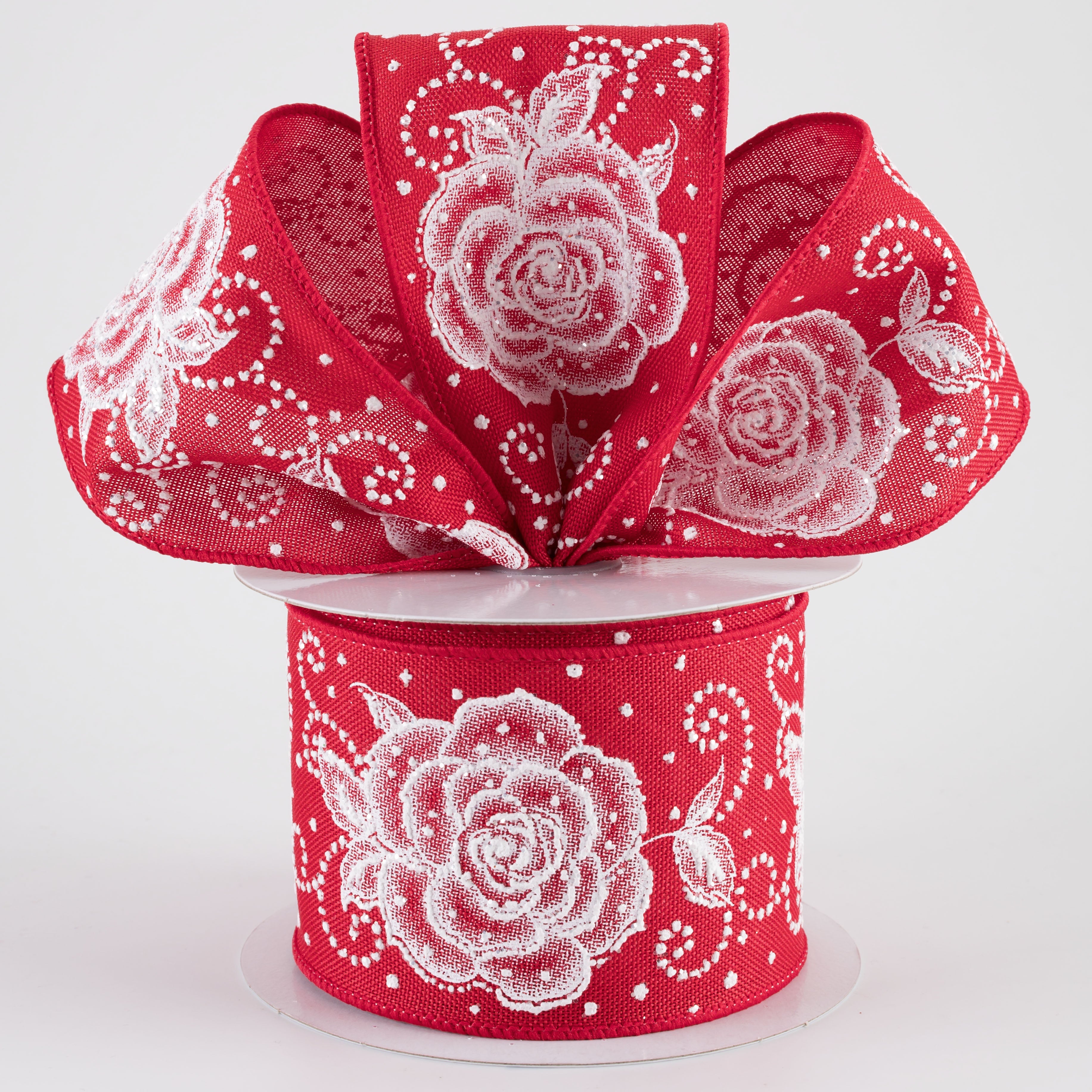 2.5" Raised Print Roses Ribbon: White on Red (10 Yards)