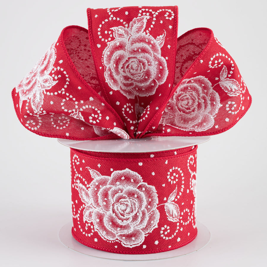 2.5" Raised Print Roses Ribbon: White on Red (10 Yards)