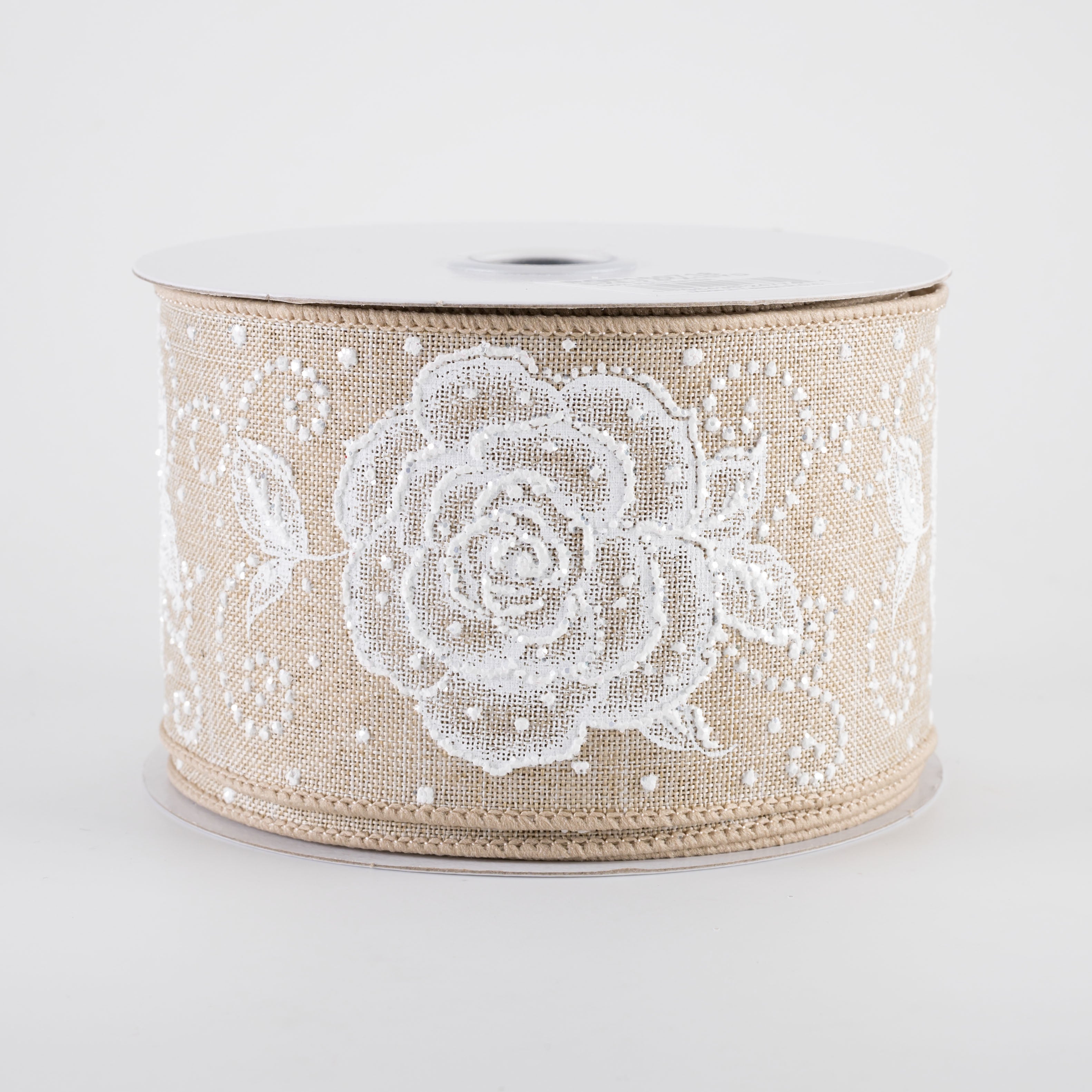 2.5" Raised Print Roses Ribbon: White on Natural (10 Yards)