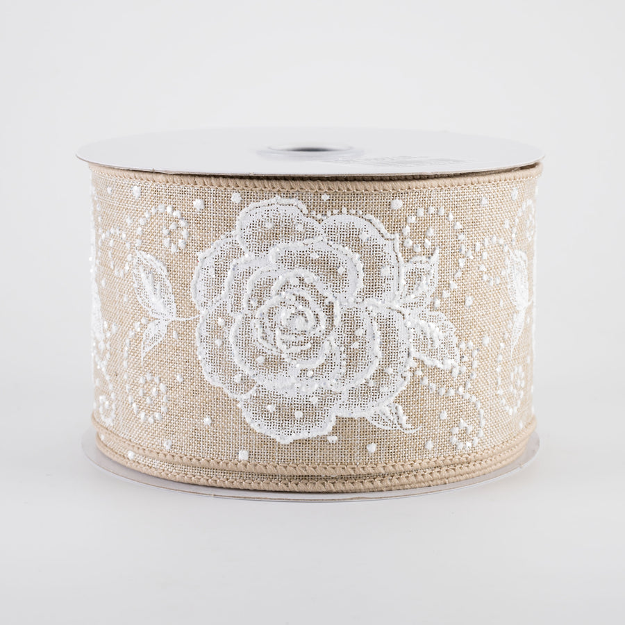 2.5" Raised Print Roses Ribbon: White on Natural (10 Yards)