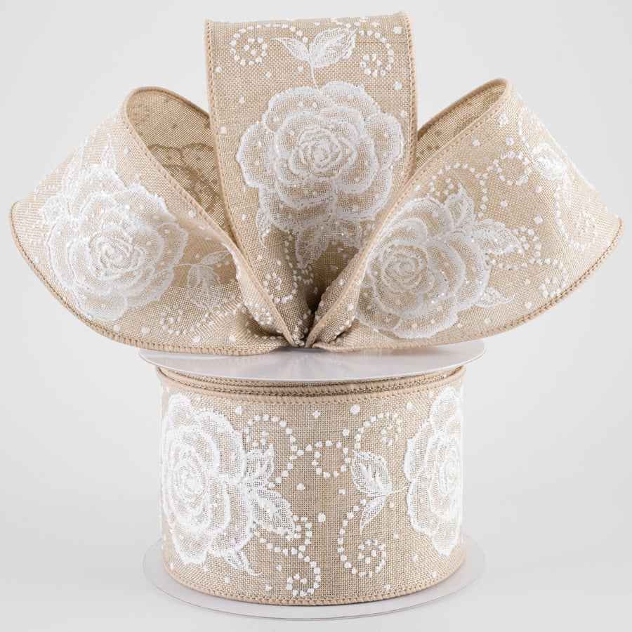 2.5" Raised Print Roses Ribbon: White on Natural (10 Yards)