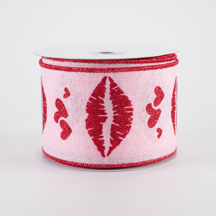 2.5" Glittered Hearts and Lips Diagonal Weave Ribbon: Light Pink (10 Yards)