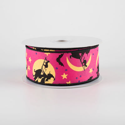 1.5" Witch Flying by Moon Ribbon: Hot Pink (10 Yards)