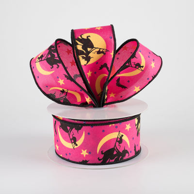 1.5" Witch Flying by Moon Ribbon: Hot Pink (10 Yards)