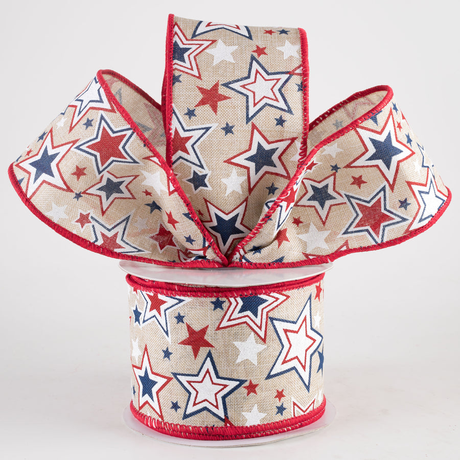 2.5" Printed Patriotic Stars Ribbon: Natural (10 Yards)