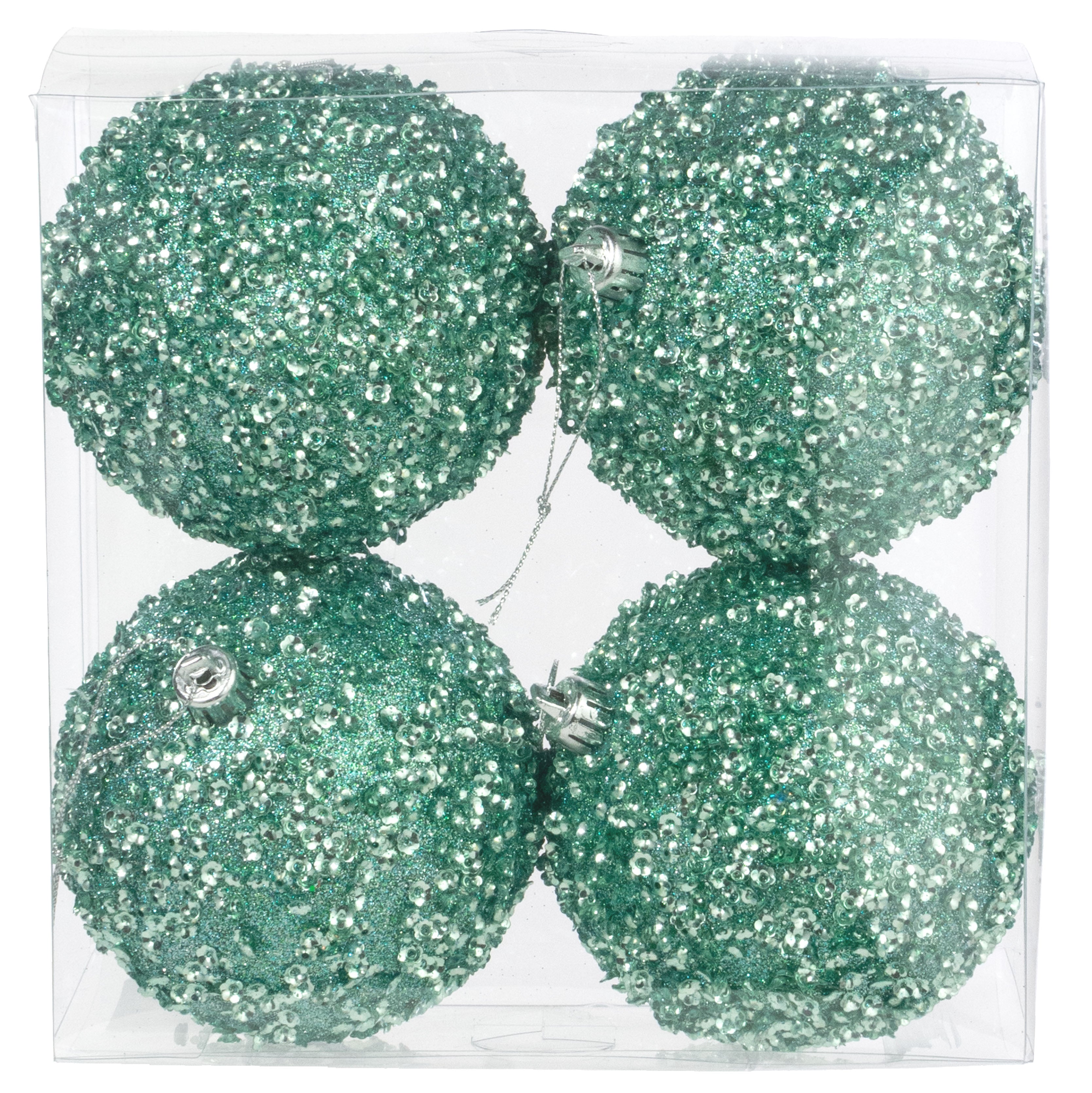100mm Sequin & Glitter Ball Ornaments: Light Mint Green (Box of 4)