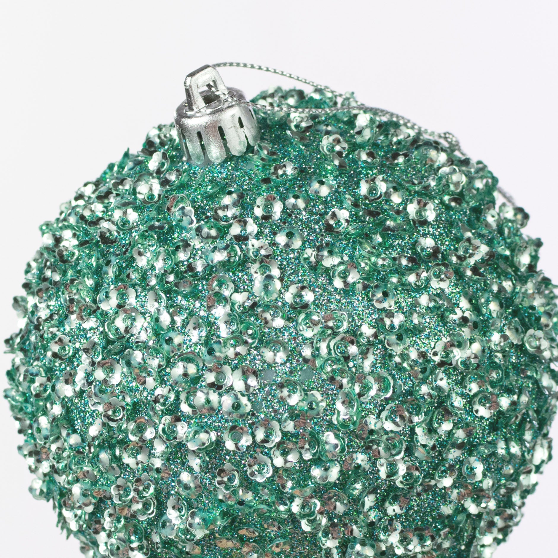 100mm Sequin & Glitter Ball Ornaments: Light Mint Green (Box of 4)