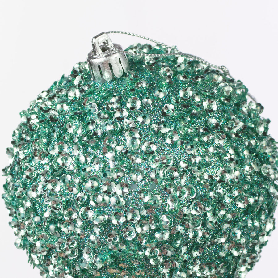 100mm Sequin & Glitter Ball Ornaments: Light Mint Green (Box of 4)