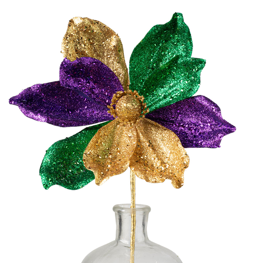 17" Glittered Fabric Magnolia Stem: Mardi Gras