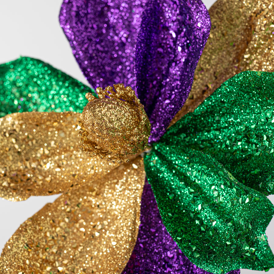 17" Glittered Fabric Magnolia Stem: Mardi Gras