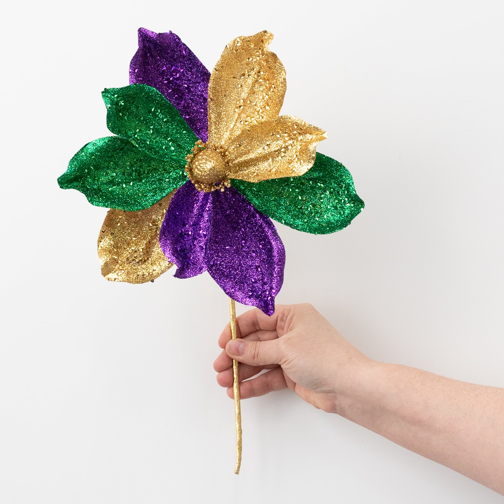 17" Glittered Fabric Magnolia Stem: Mardi Gras