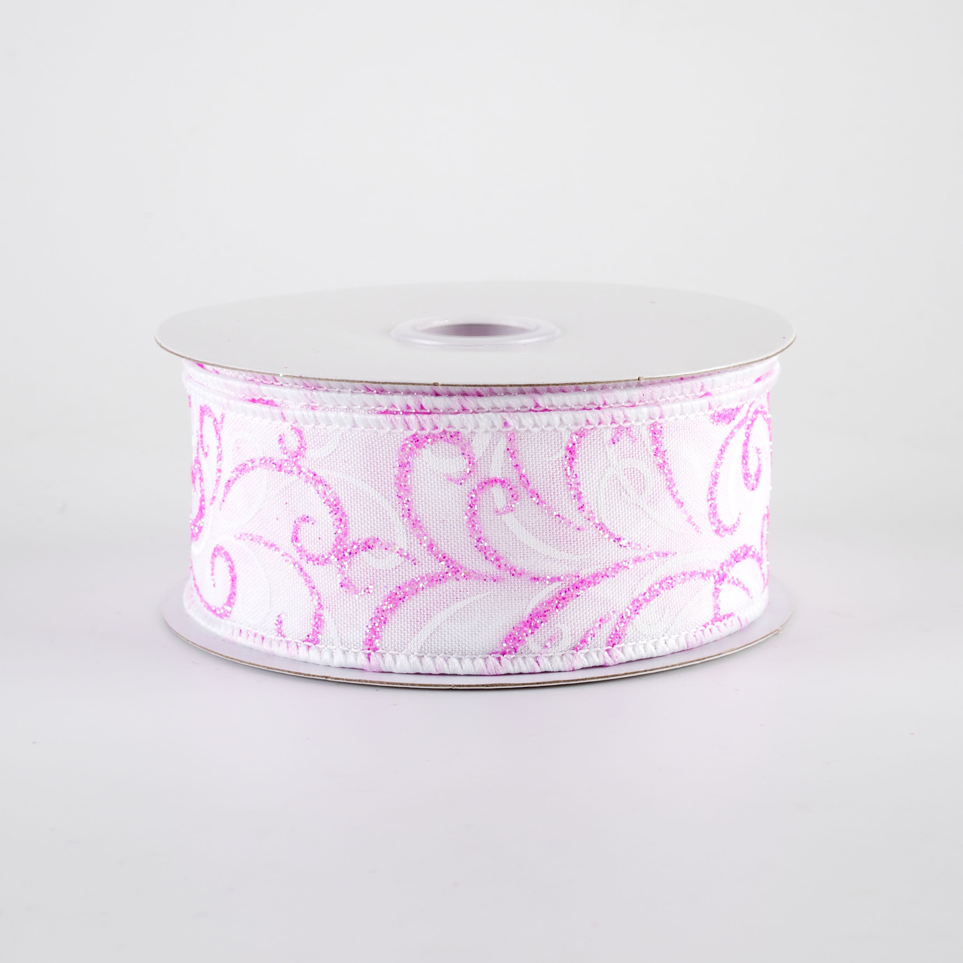 1.5" Glittered Multi Swirls Ribbon: Iridescent Pink & White on White (10 Yards)