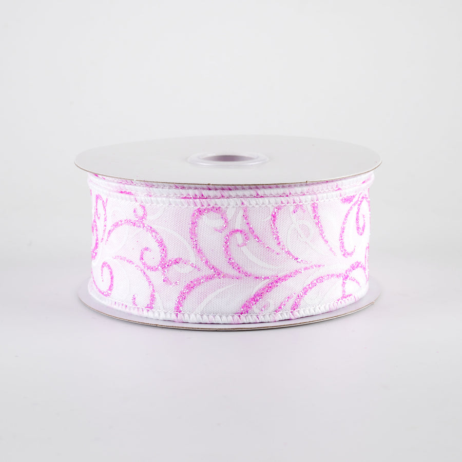 1.5" Glittered Multi Swirls Ribbon: Iridescent Pink & White on White (10 Yards)