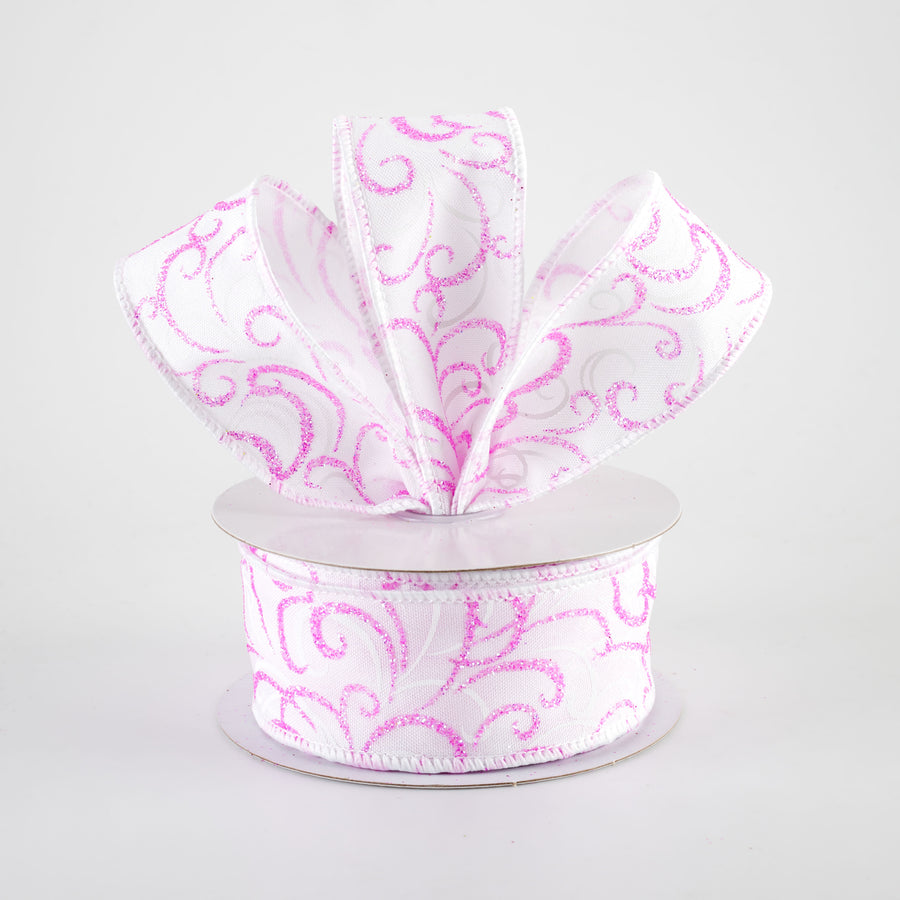 1.5" Glittered Multi Swirls Ribbon: Iridescent Pink & White on White (10 Yards)