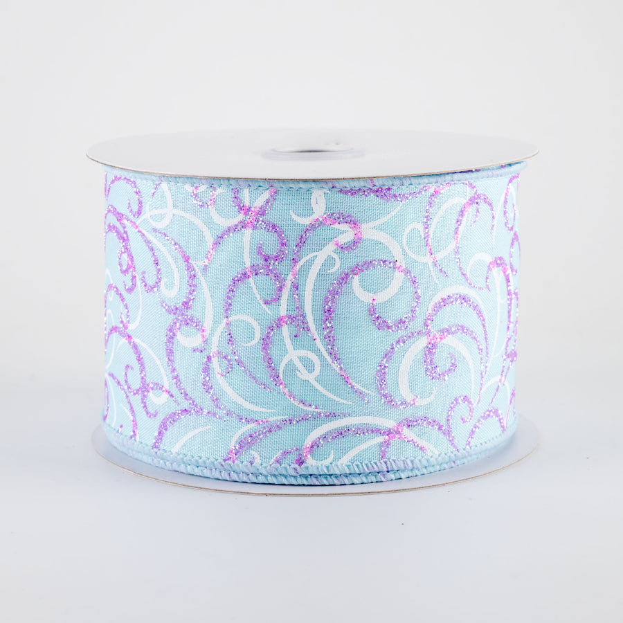 2.5" Glittered Multi Swirls Ribbon: Iridescent Pink & White on Soft Blue (10 Yards)