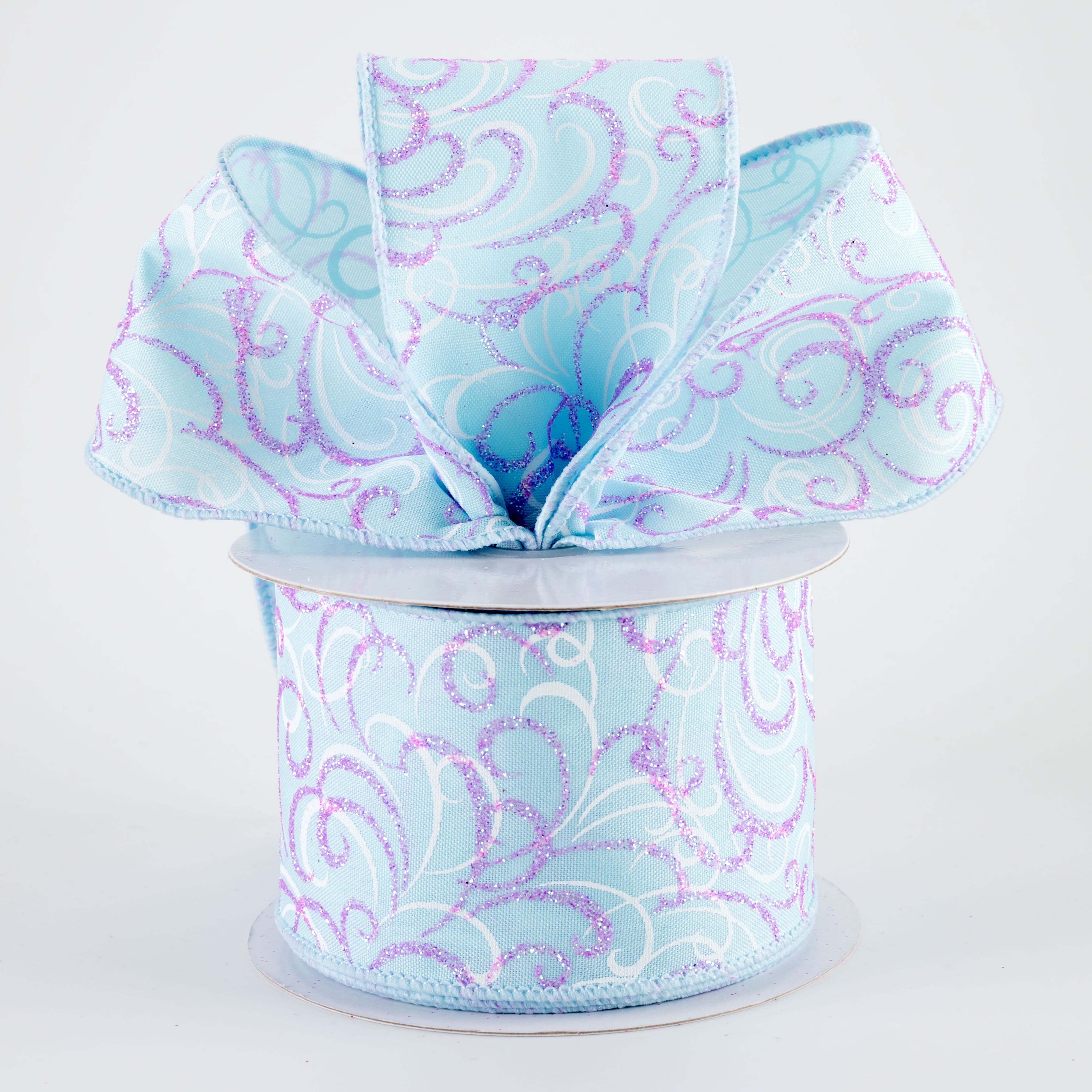 2.5" Glittered Multi Swirls Ribbon: Iridescent Pink & White on Soft Blue (10 Yards)