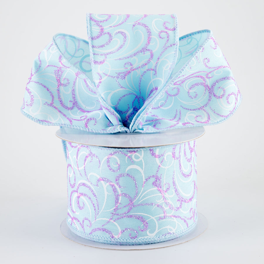 2.5" Glittered Multi Swirls Ribbon: Iridescent Pink & White on Soft Blue (10 Yards)