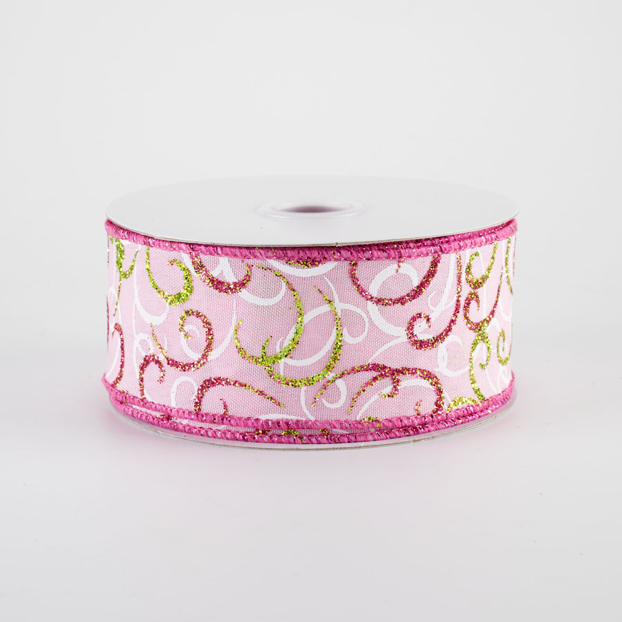 1.5" Glittered Multi Swirls Ribbon: Fuchsia, White & Lime on Pink (10 Yards)