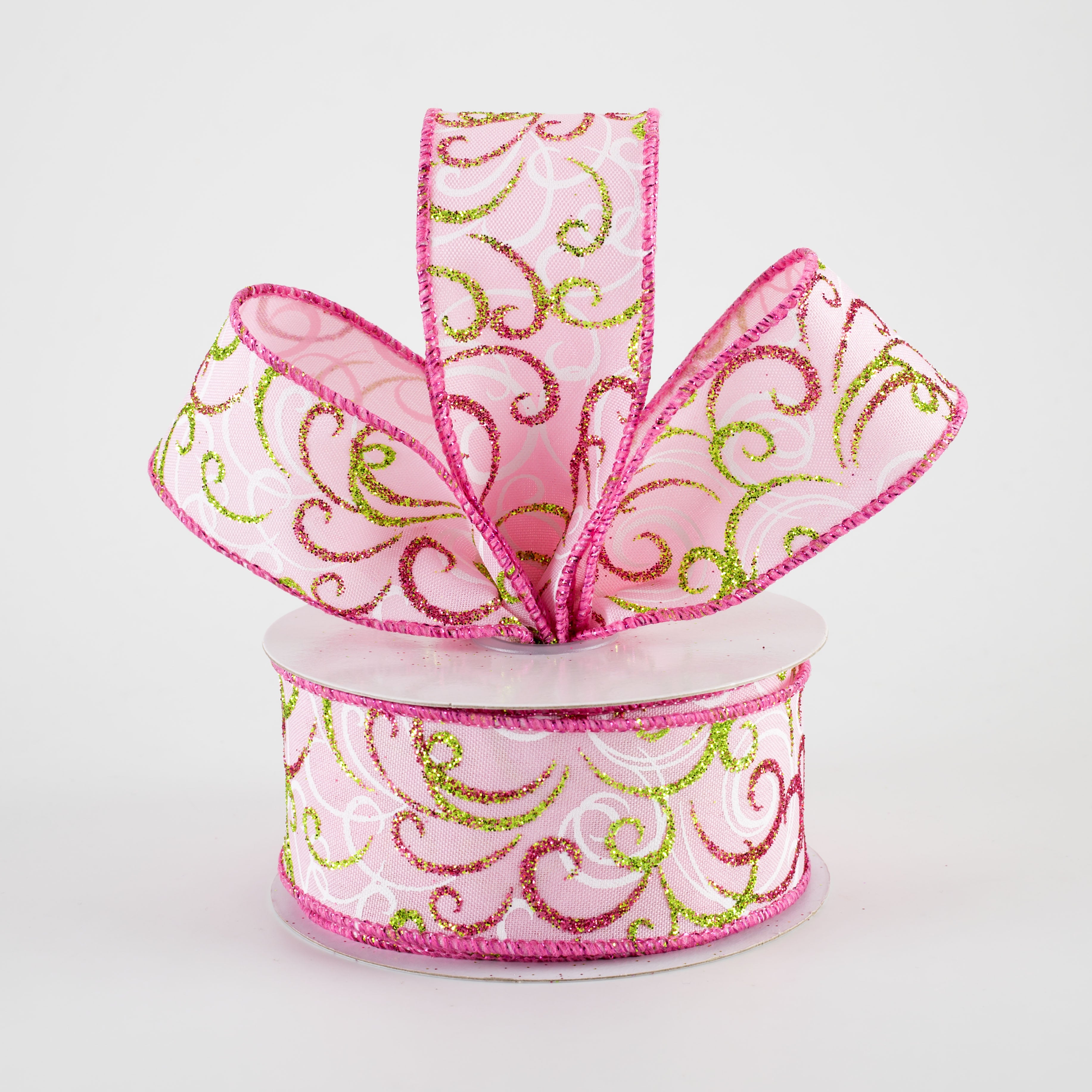 1.5" Glittered Multi Swirls Ribbon: Fuchsia, White & Lime on Pink (10 Yards)