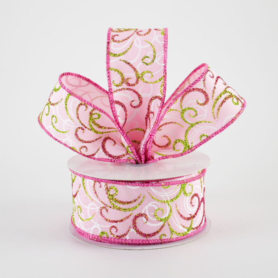 1.5" Glittered Multi Swirls Ribbon: Fuchsia, White & Lime on Pink (10 Yards)