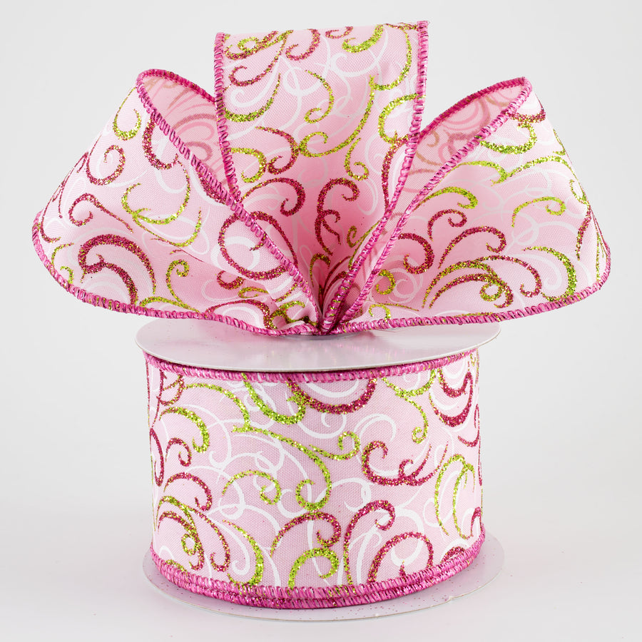 2.5" Glittered Multi Swirls Ribbon: Fuchsia, White & Lime on Pink (10 Yards)