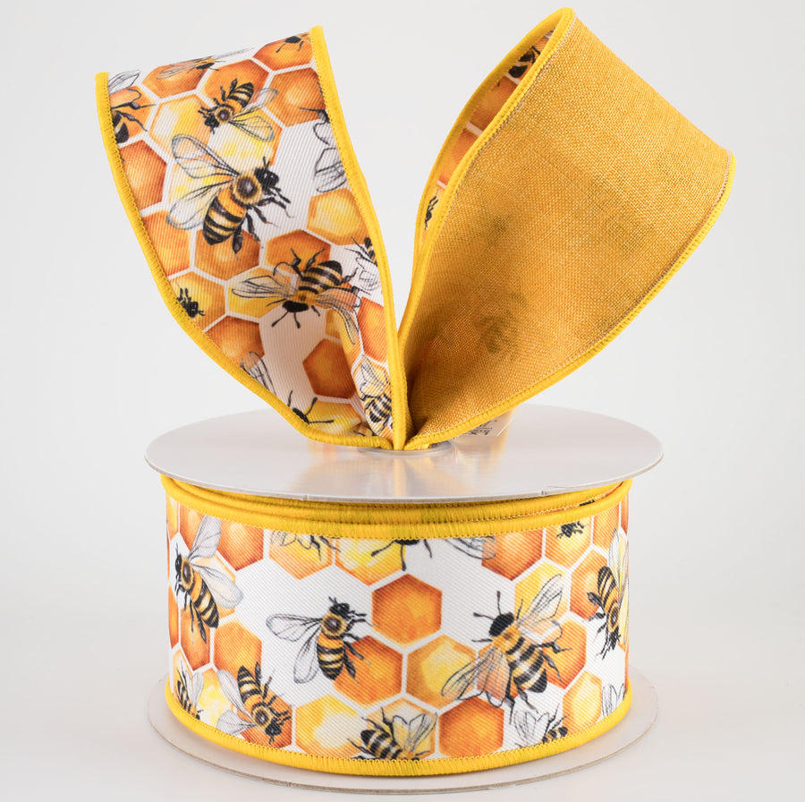 2.5" Double Sided Fused Honeycomb Bees Ribbon (10 Yards)