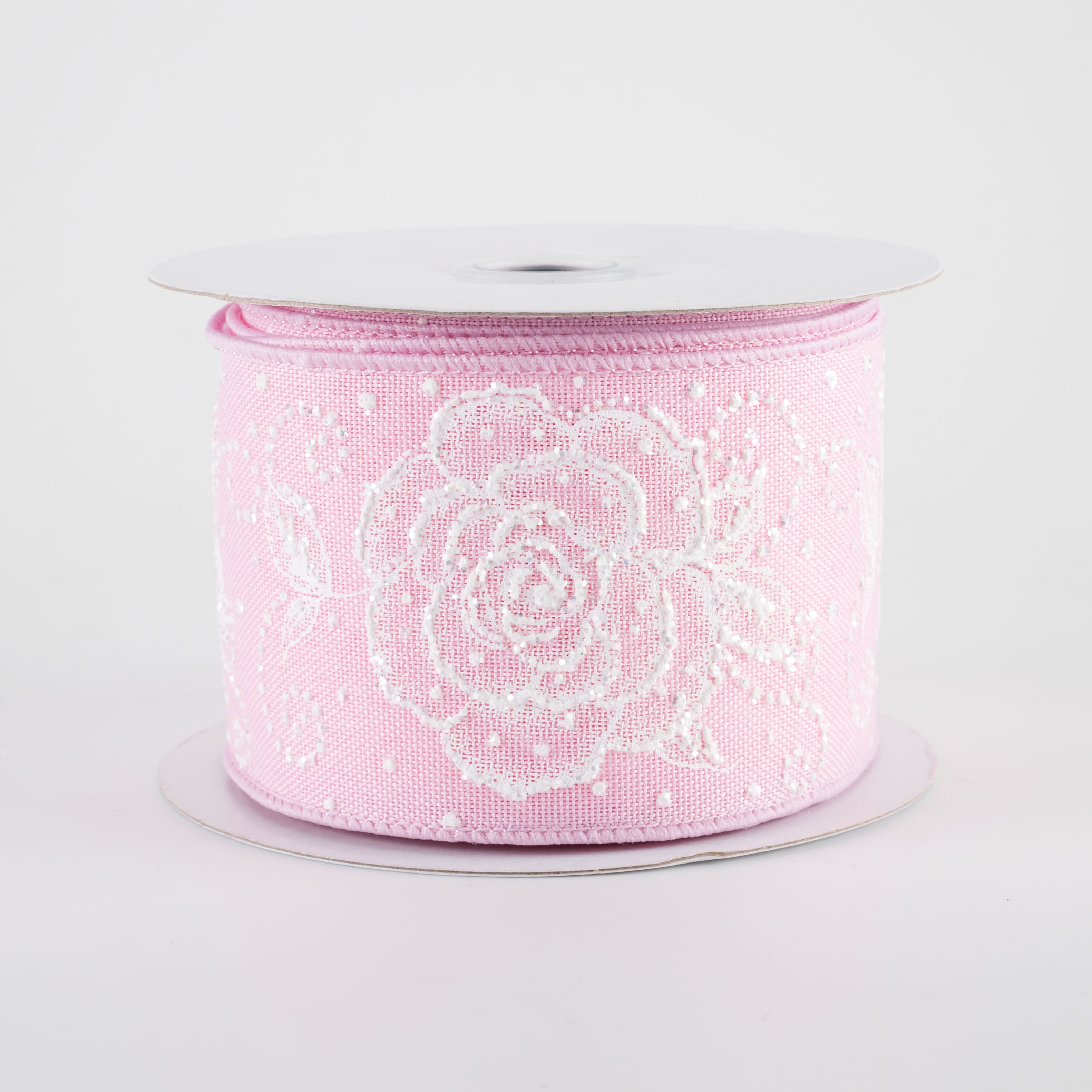 2.5" Raised Print Roses Ribbon: White on Light Pink (10 Yards)