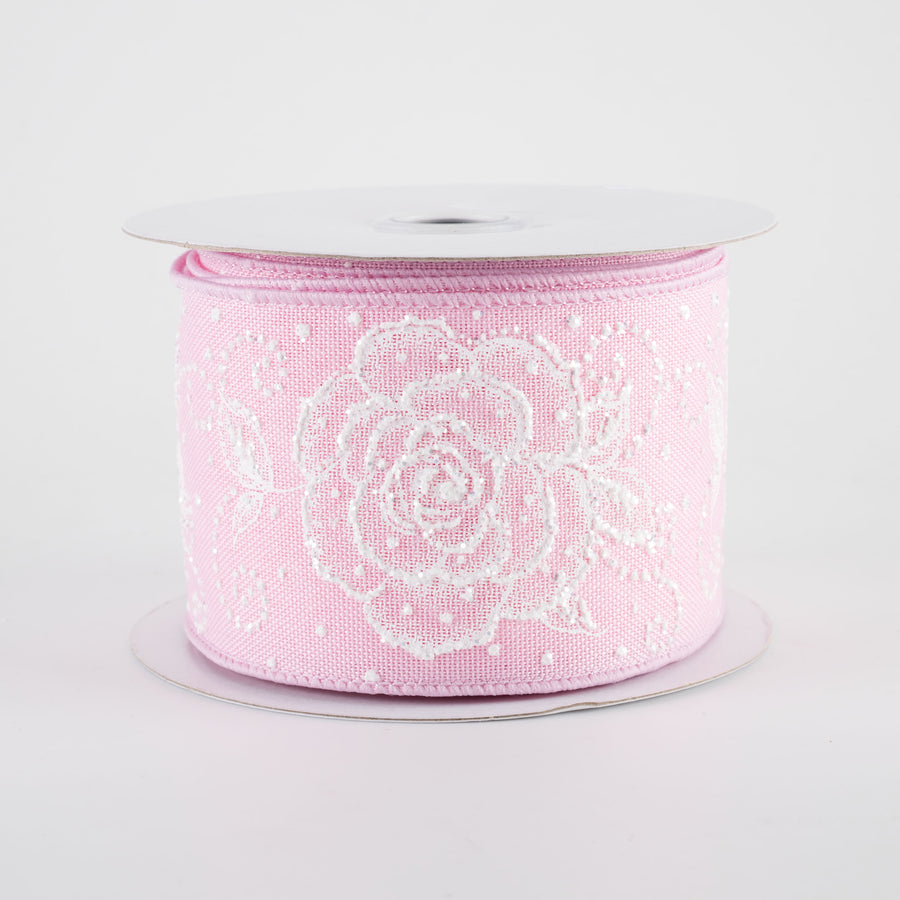 2.5" Raised Print Roses Ribbon: White on Light Pink (10 Yards)