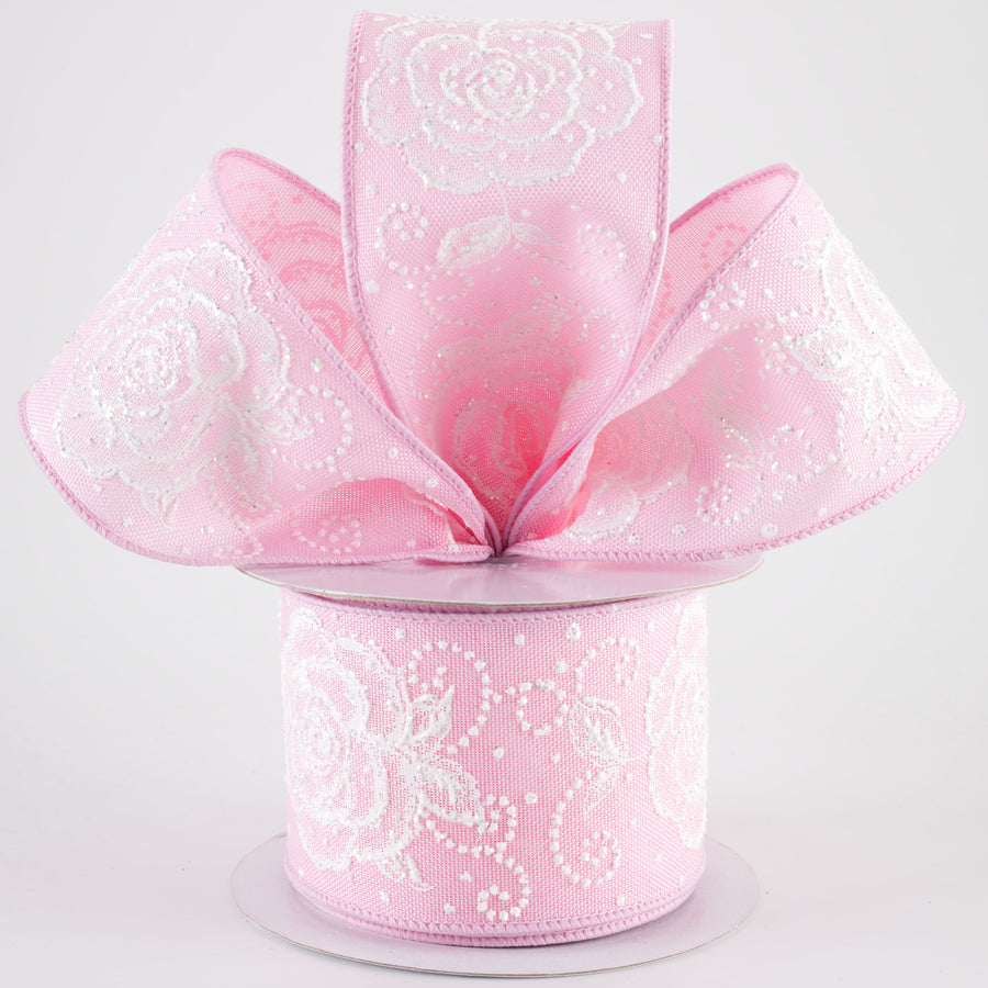 2.5" Raised Print Roses Ribbon: White on Light Pink (10 Yards)