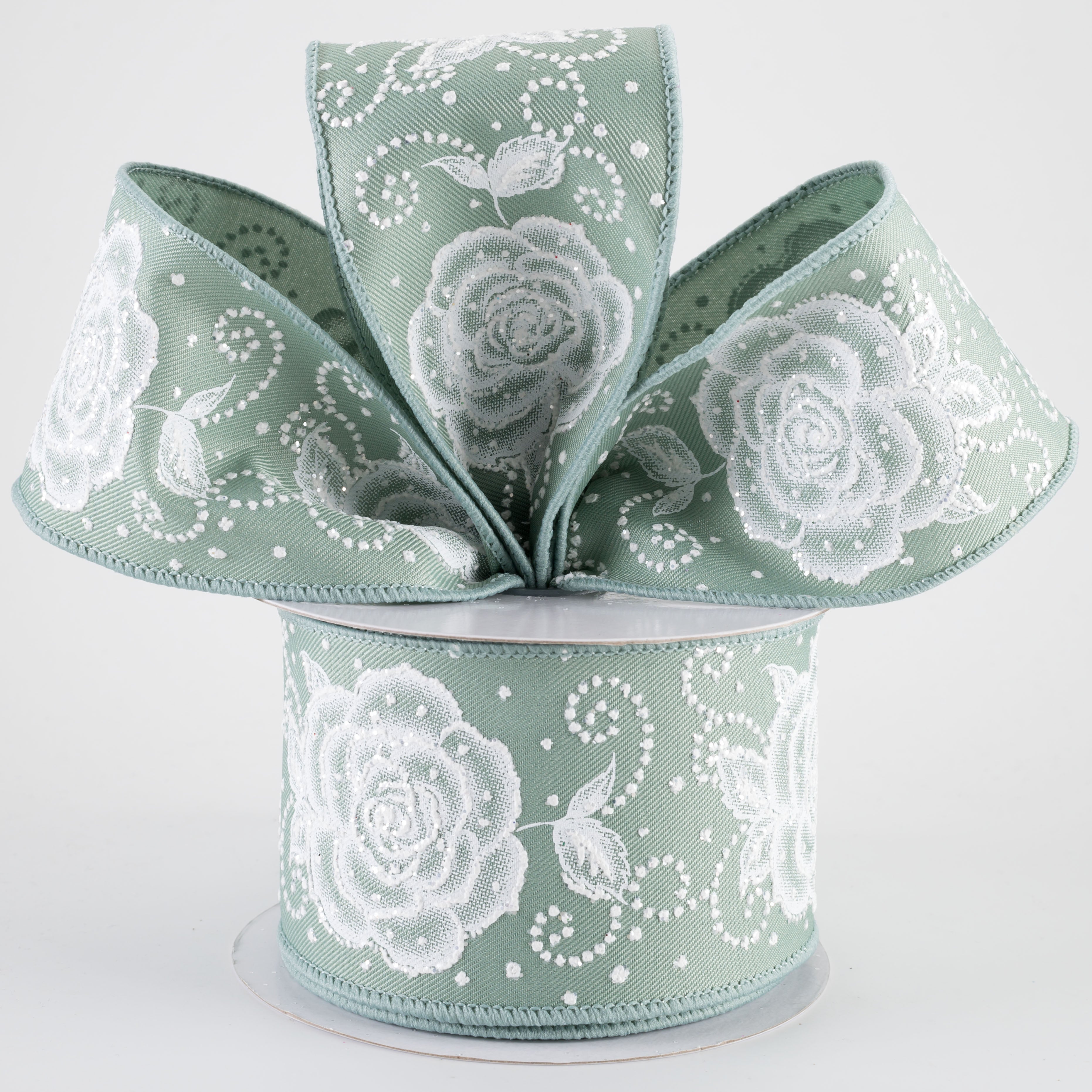 2.5" Raised Print Roses Ribbon: White on Sage Green (10 Yards)