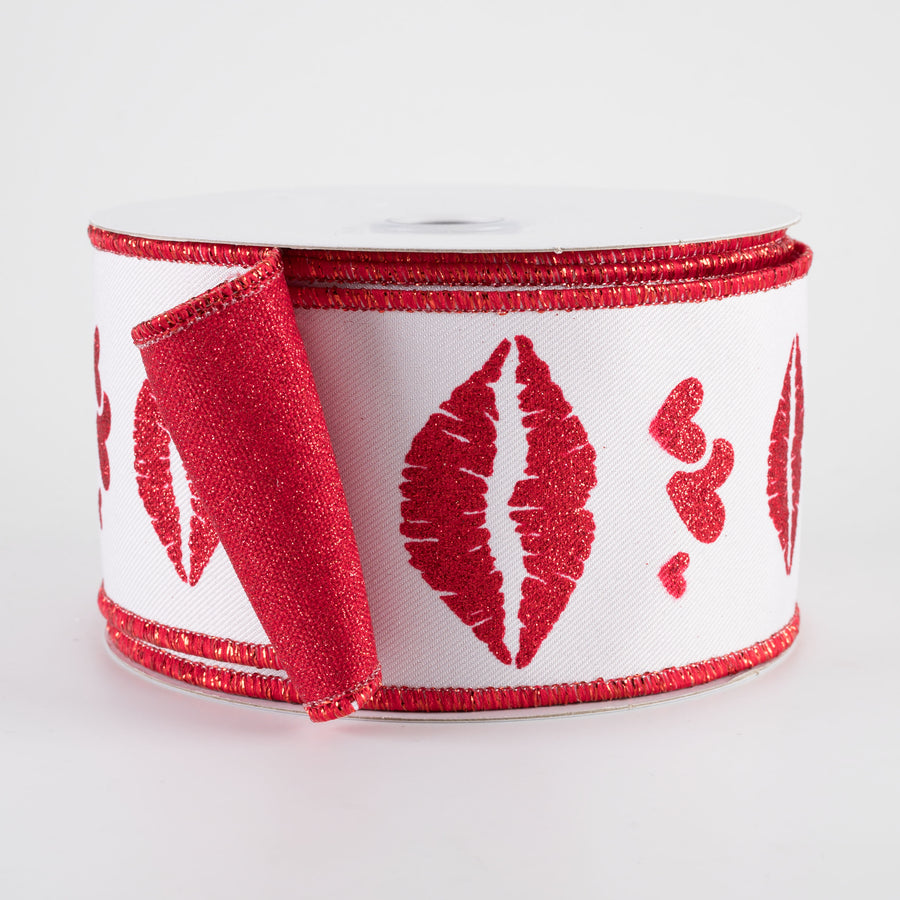 2.5" Double Sided Bold Lips Ribbon: White & Red (10 Yards)