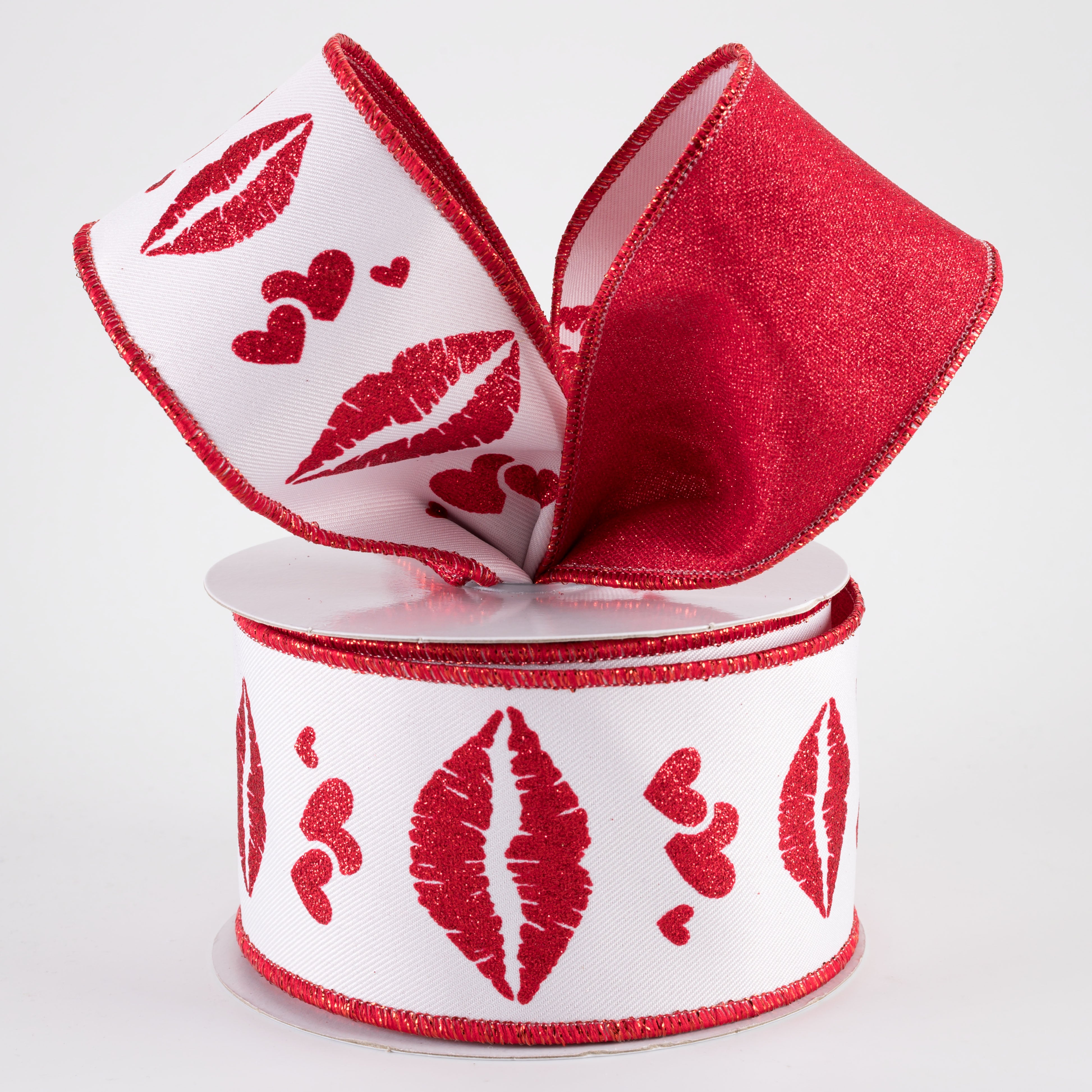 2.5" Double Sided Bold Lips Ribbon: White & Red (10 Yards)