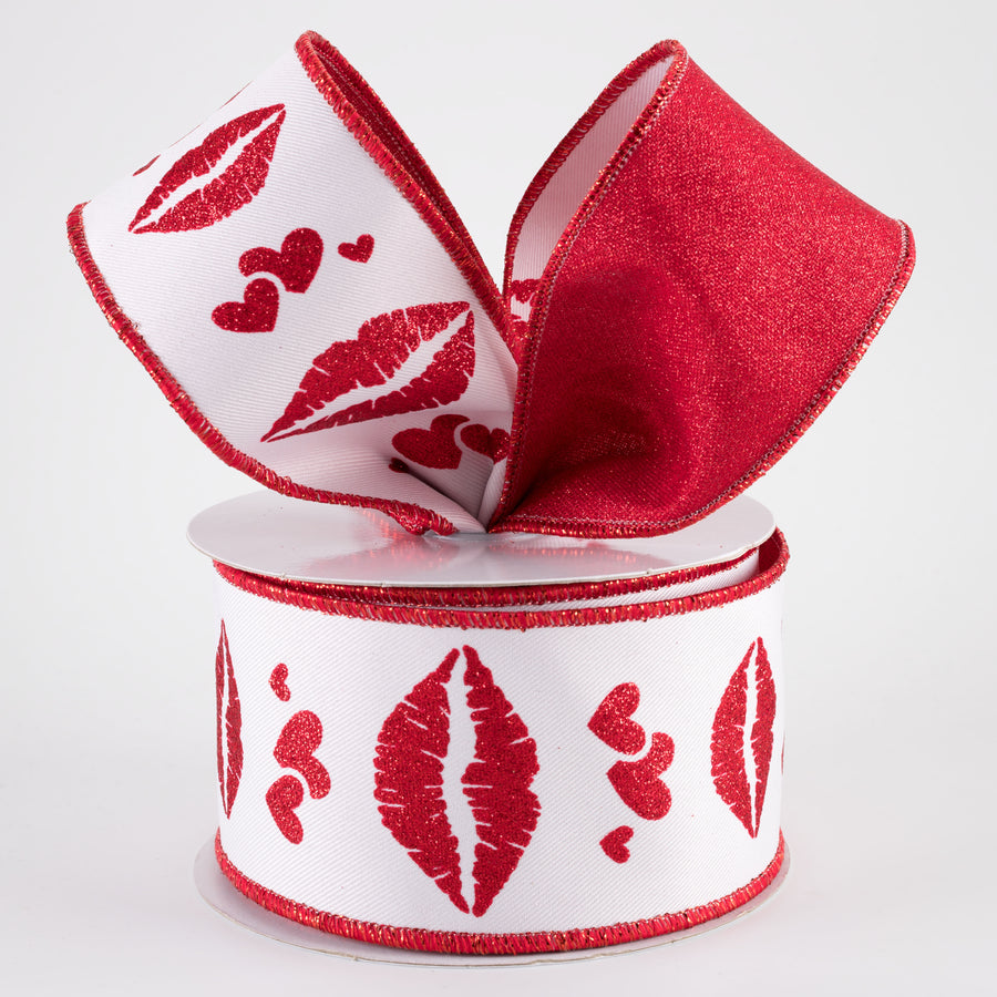 2.5" Double Sided Bold Lips Ribbon: White & Red (10 Yards)