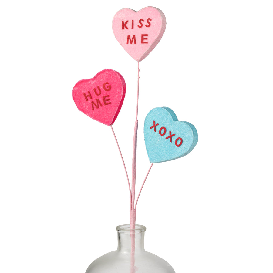 28" Velvet Conversation Hearts Spray: Kiss Me, Hug Me, XOXO
