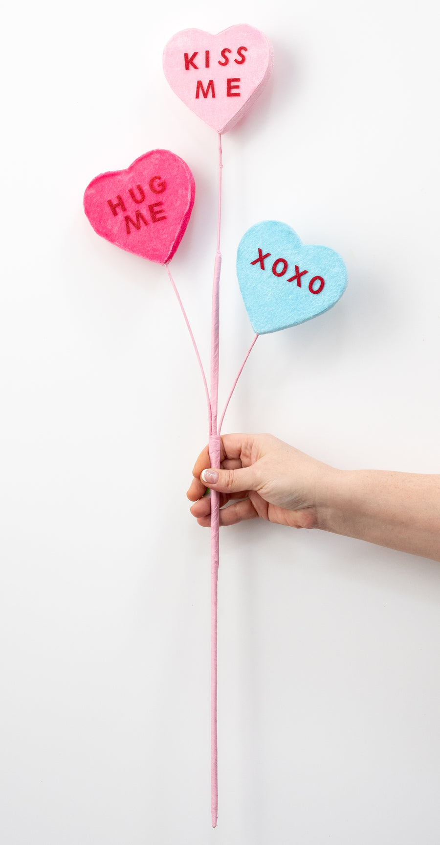 28" Velvet Conversation Hearts Spray: Kiss Me, Hug Me, XOXO