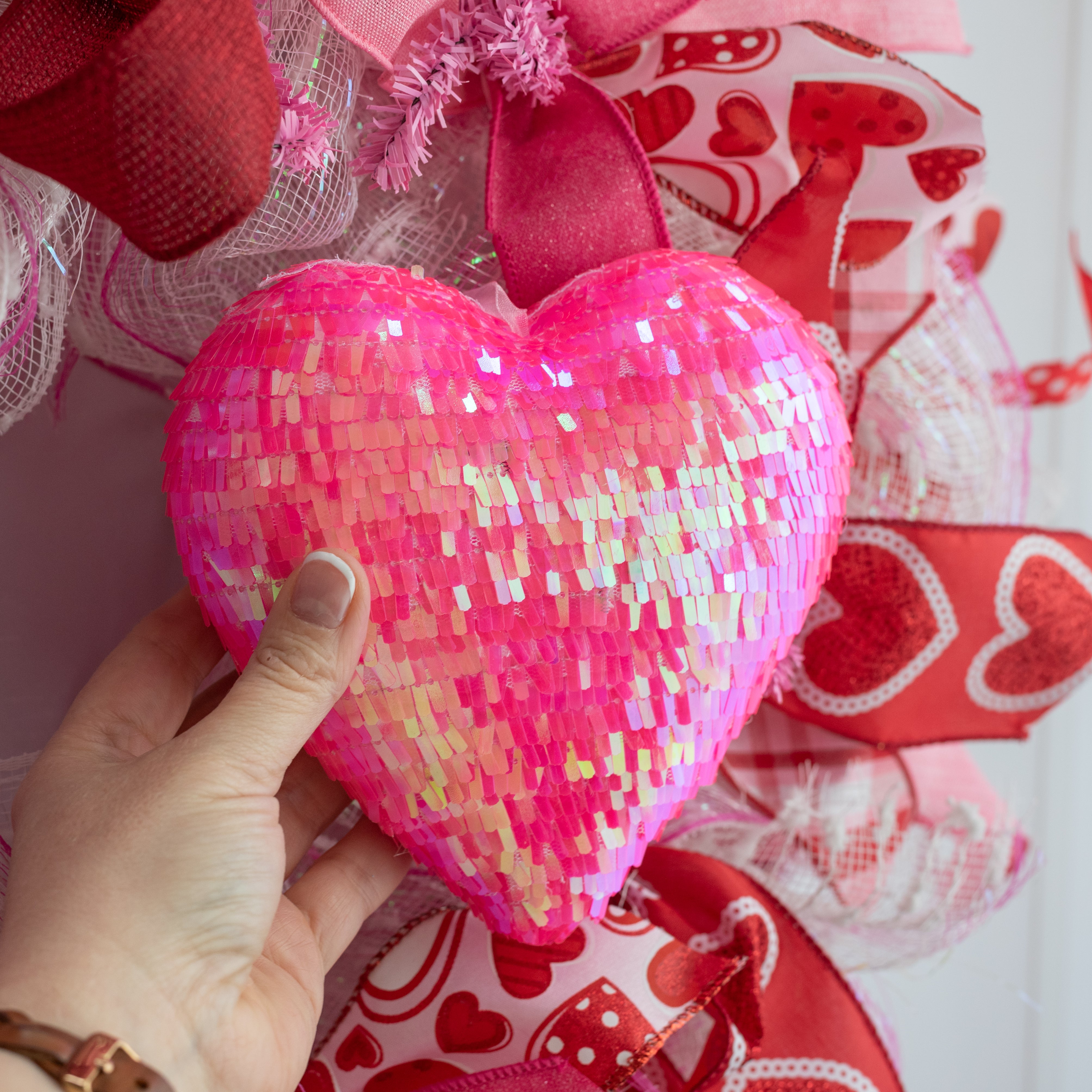 6" Sequin Heart Ornament: Iridescent Hot Pink