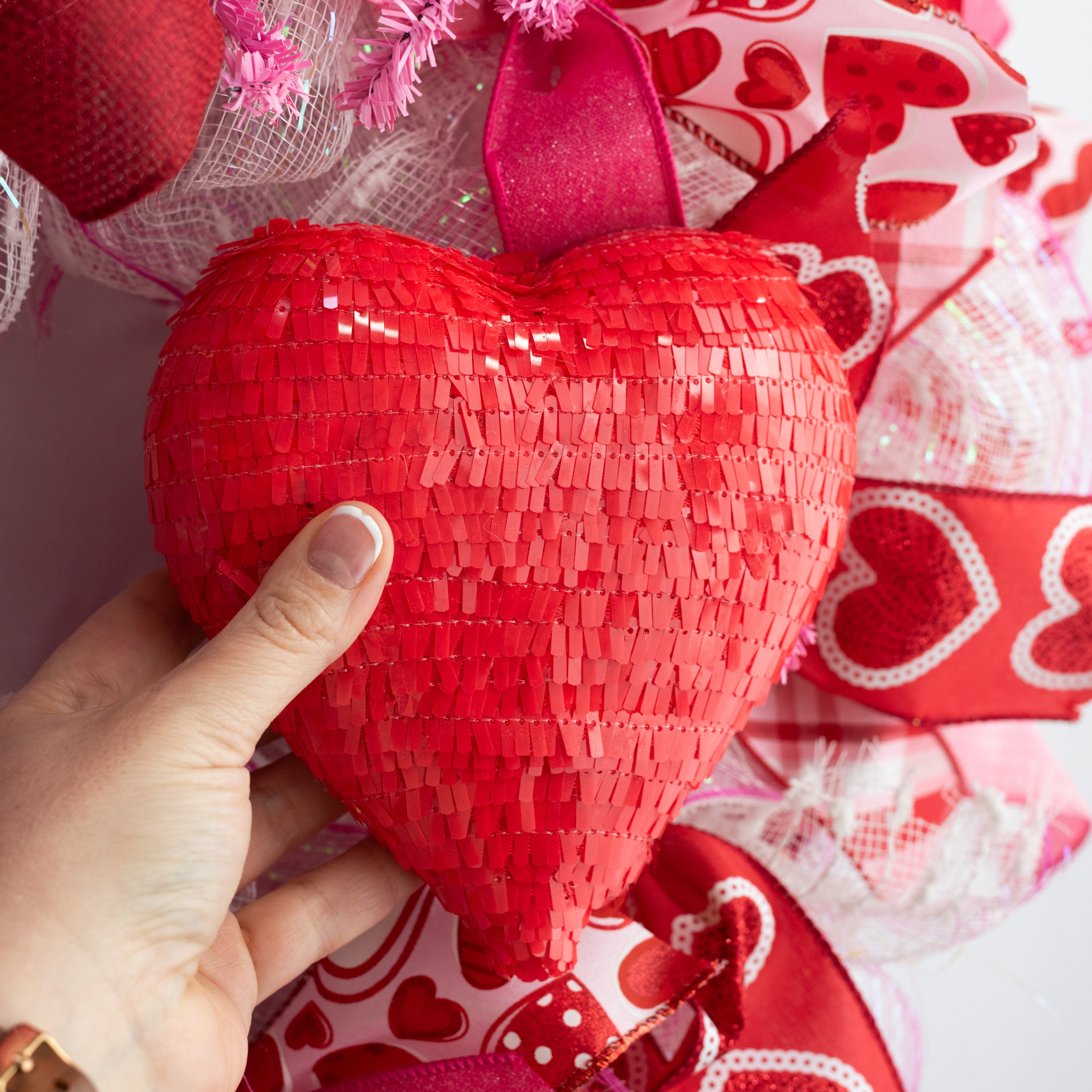 6" Sequin Heart Ornament: Red