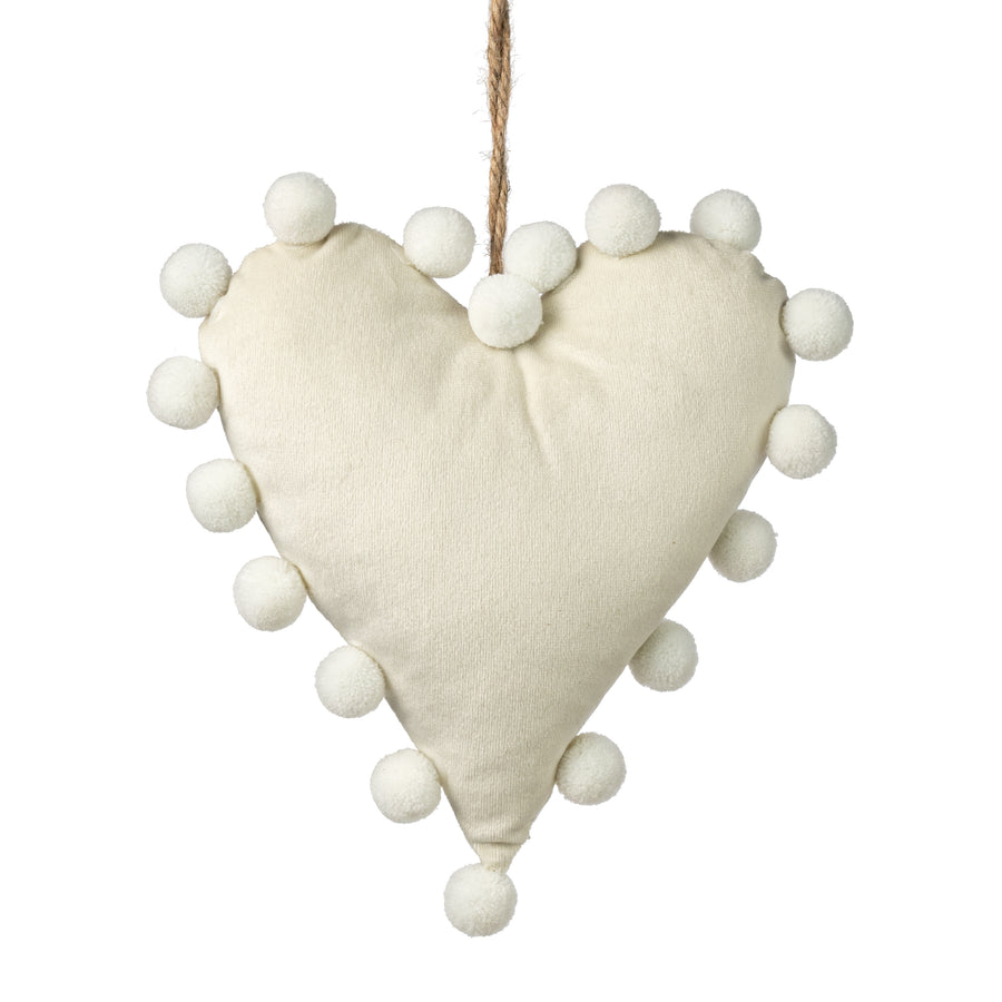 8" Pom Pom Heart Ornament: Beige