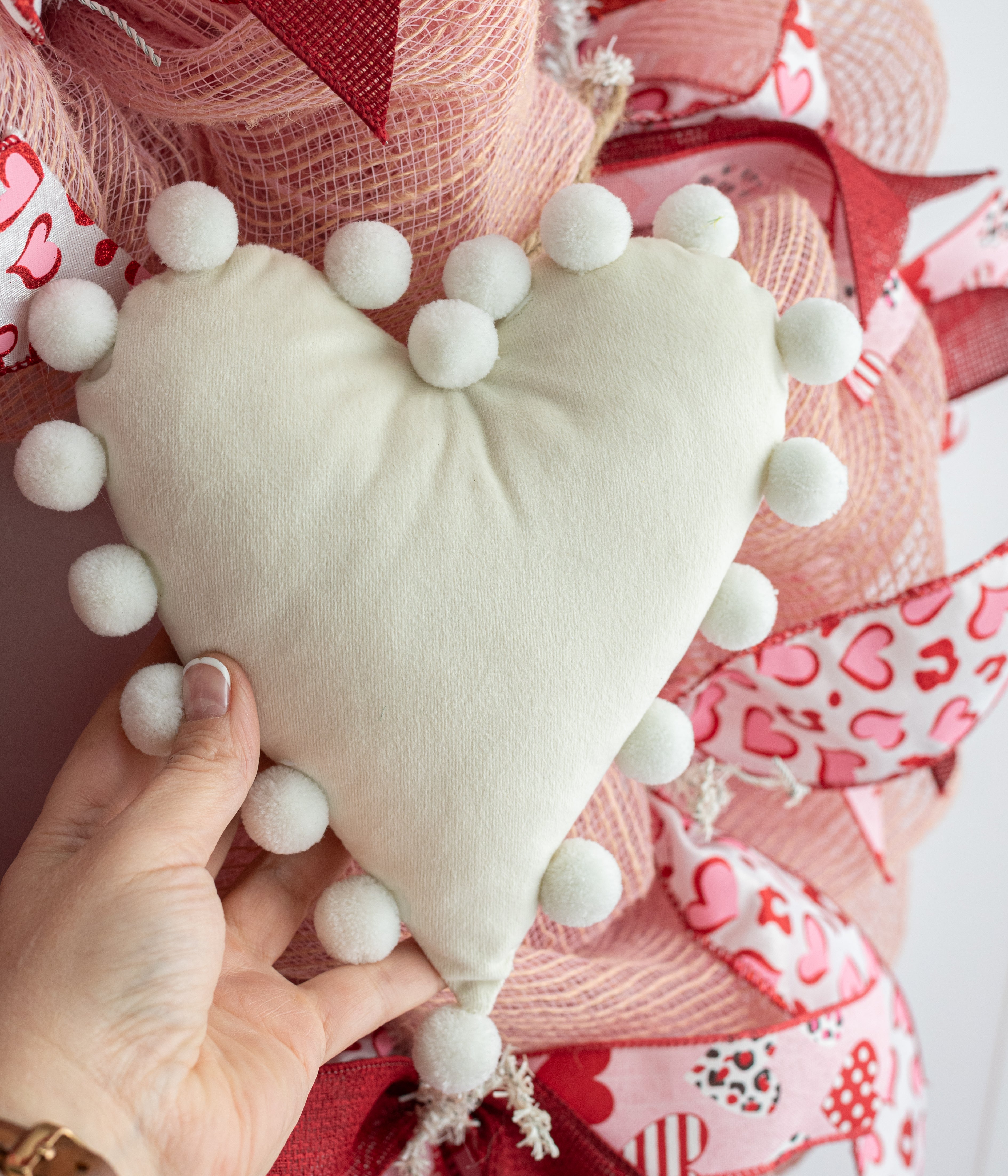 8" Pom Pom Heart Ornament: Beige