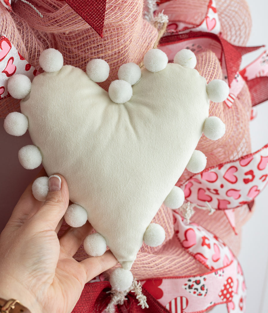 8" Pom Pom Heart Ornament: Beige