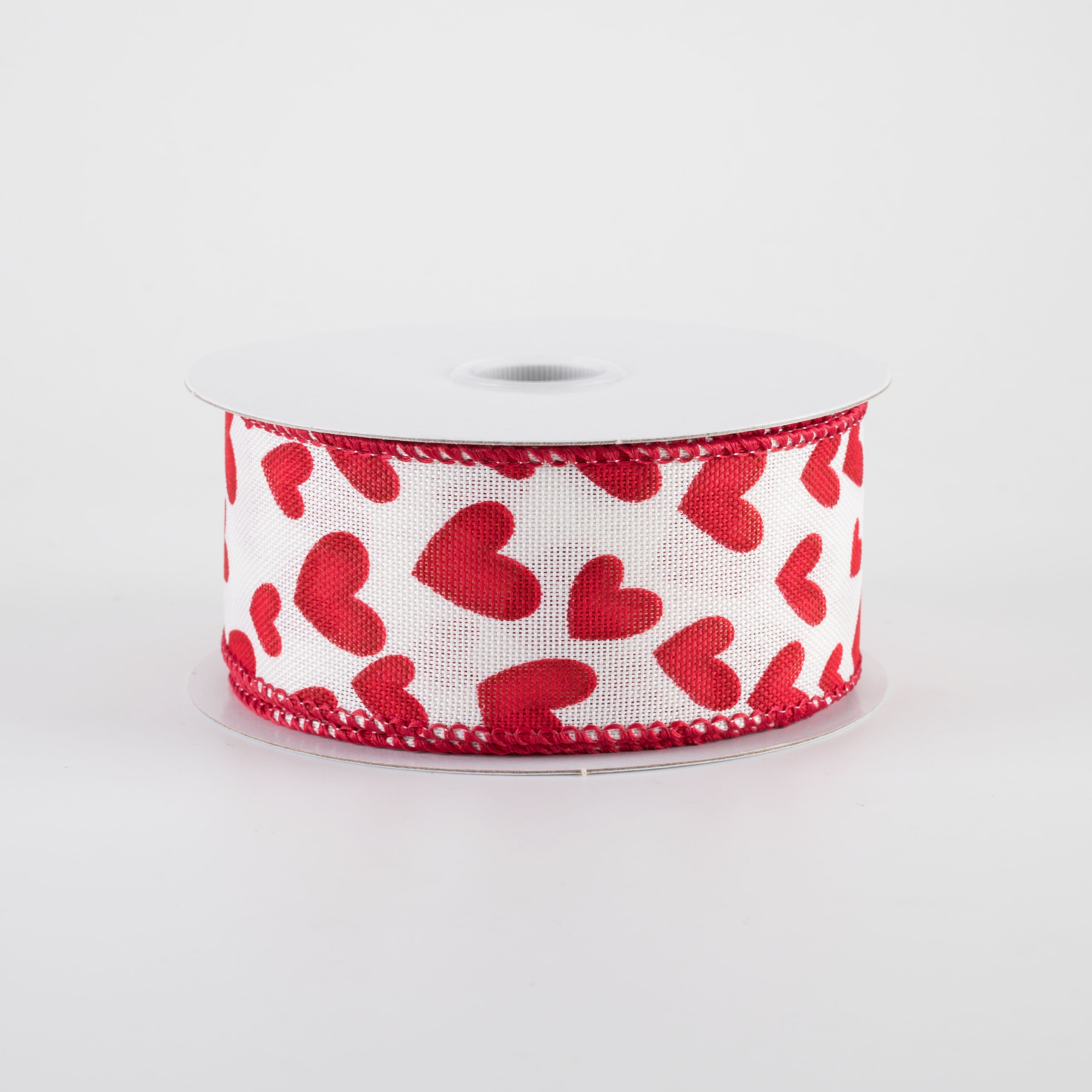 1.5" Linen Benson Hearts Ribbon: Ivory & Red (10 Yards)
