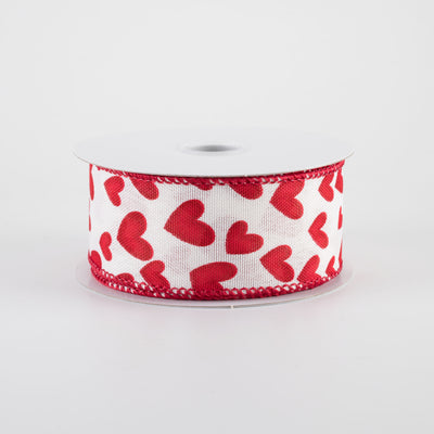 1.5" Linen Benson Hearts Ribbon: Ivory & Red (10 Yards)