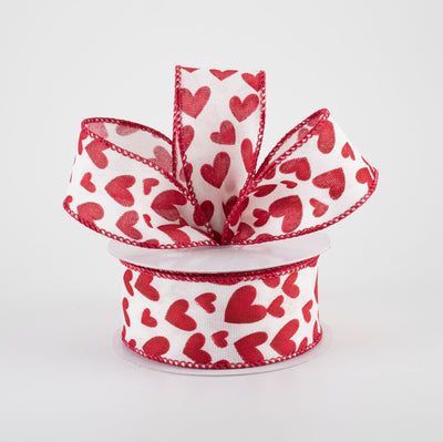 1.5" Linen Benson Hearts Ribbon: Ivory & Red (10 Yards)
