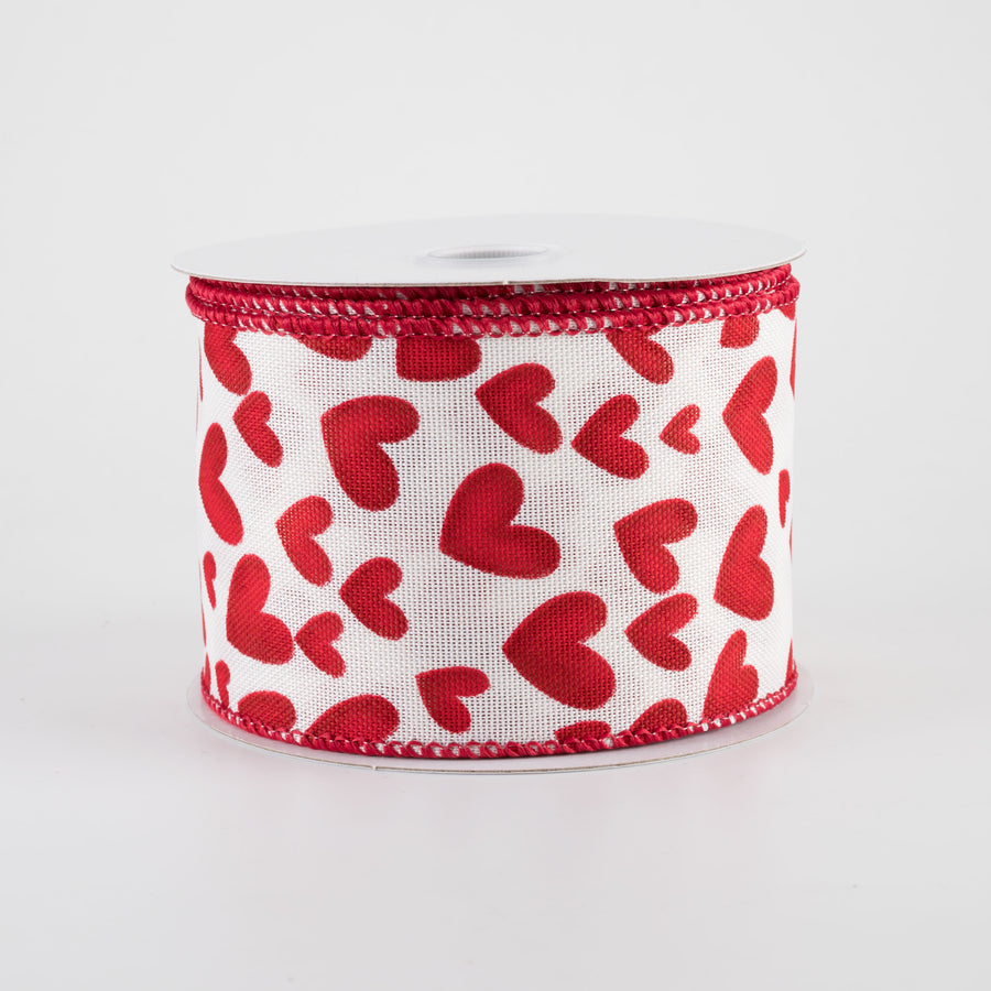 2.5" Linen Benson Hearts Ribbon: Ivory & Red (10 Yards)