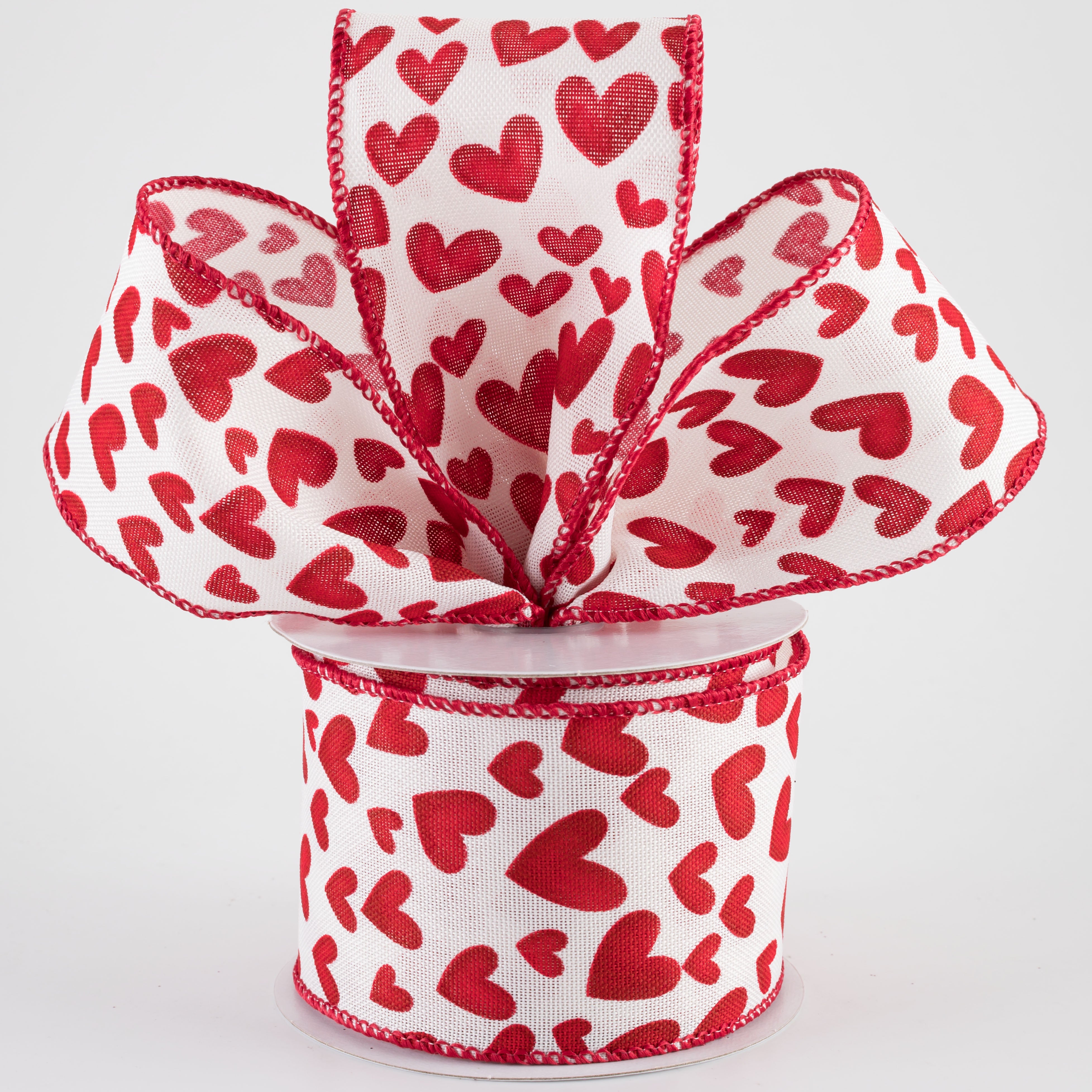 2.5" Linen Benson Hearts Ribbon: Ivory & Red (10 Yards)