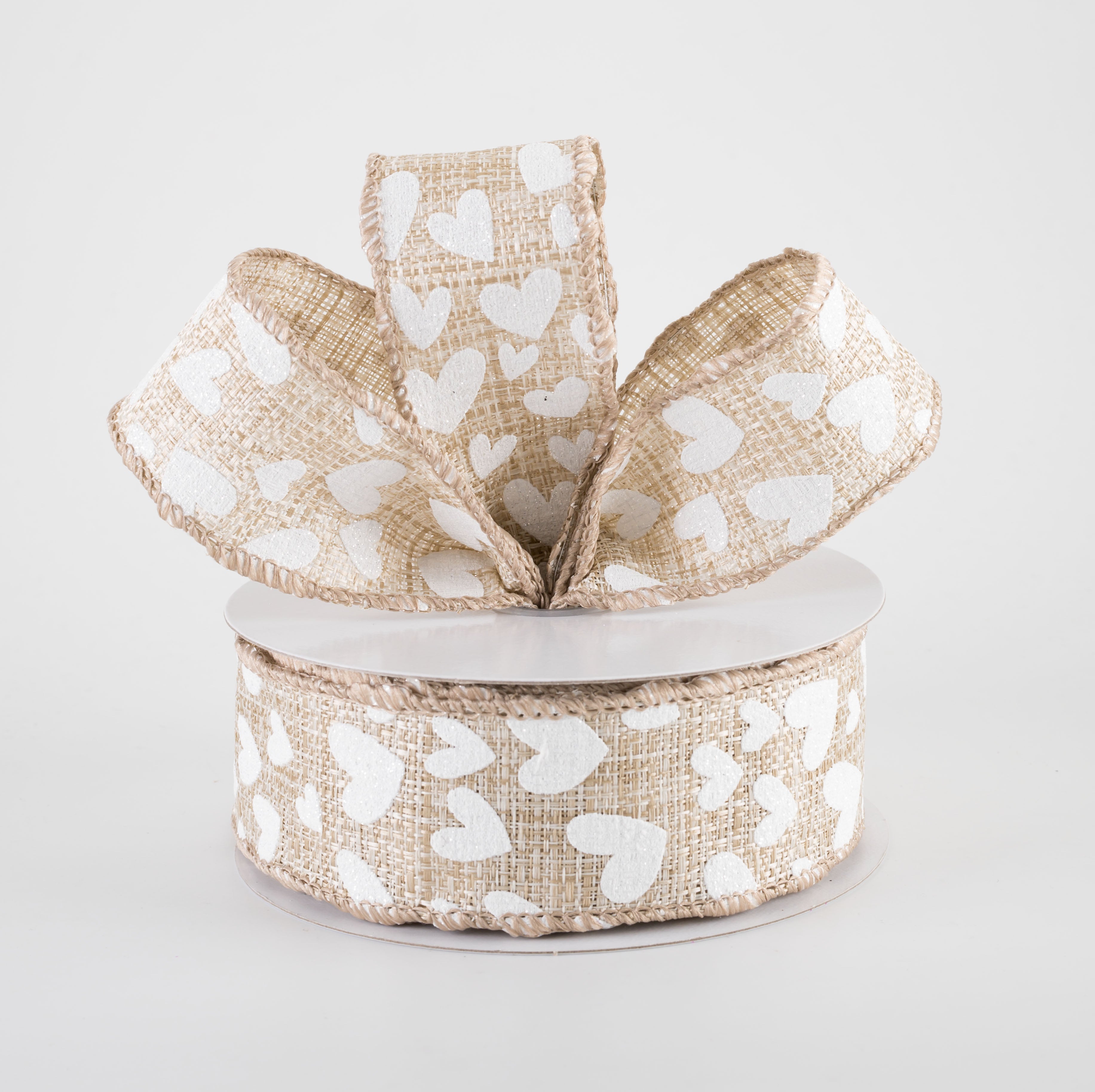 1.5" Tweed Benson Hearts Ribbon: Tan & White (10 Yards)