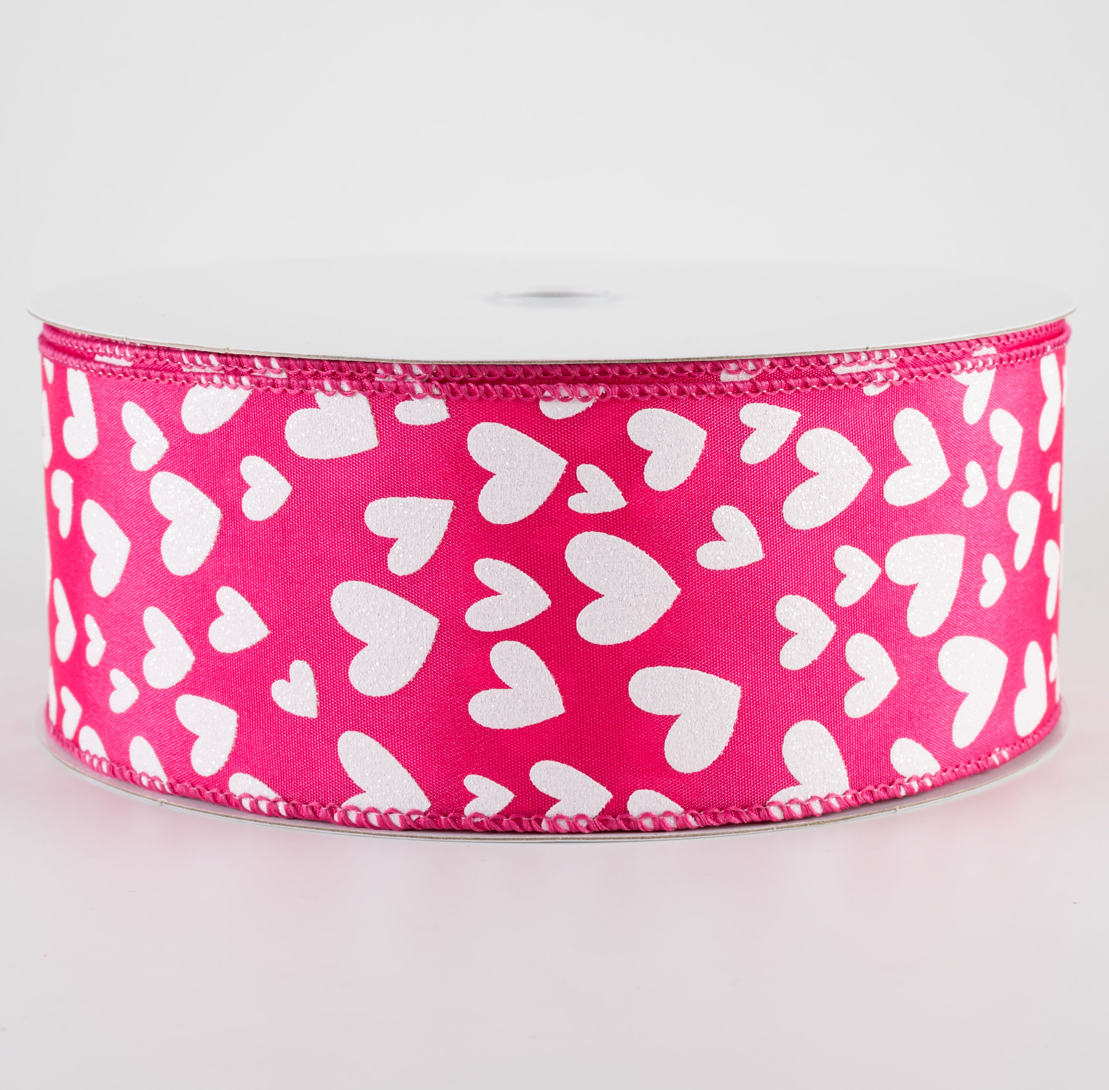 2.5" Satin Benson Hearts Ribbon: Fuchsia Pink & White (50 Yards)