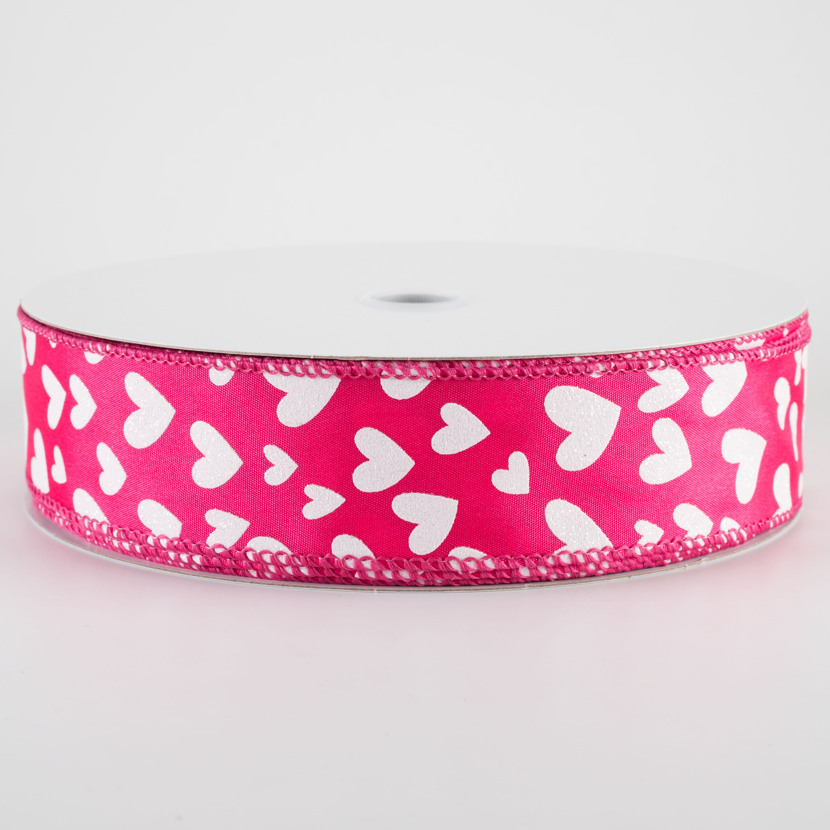 1.5" Satin Benson Hearts Ribbon: Fuchsia Pink & White (50 Yards)