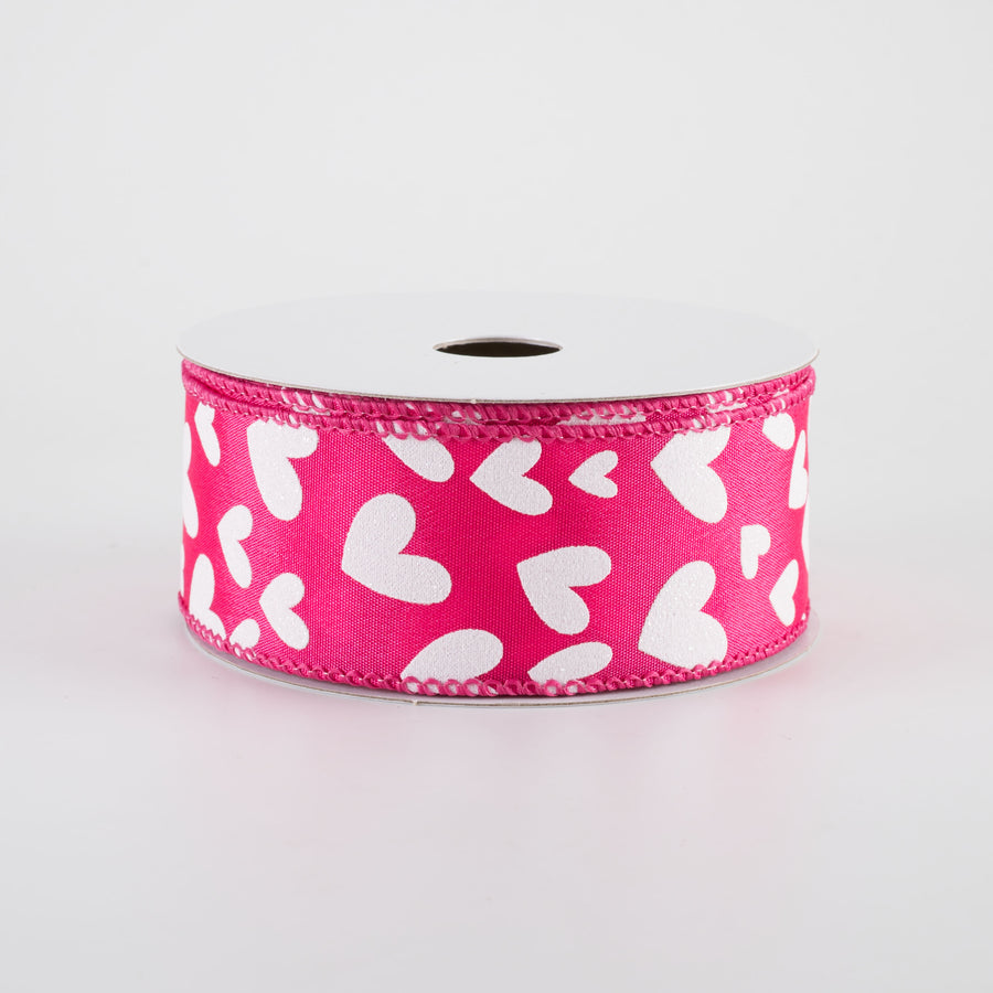 1.5" Satin Benson Hearts Ribbon: Fuchsia Pink & White (10 Yards)