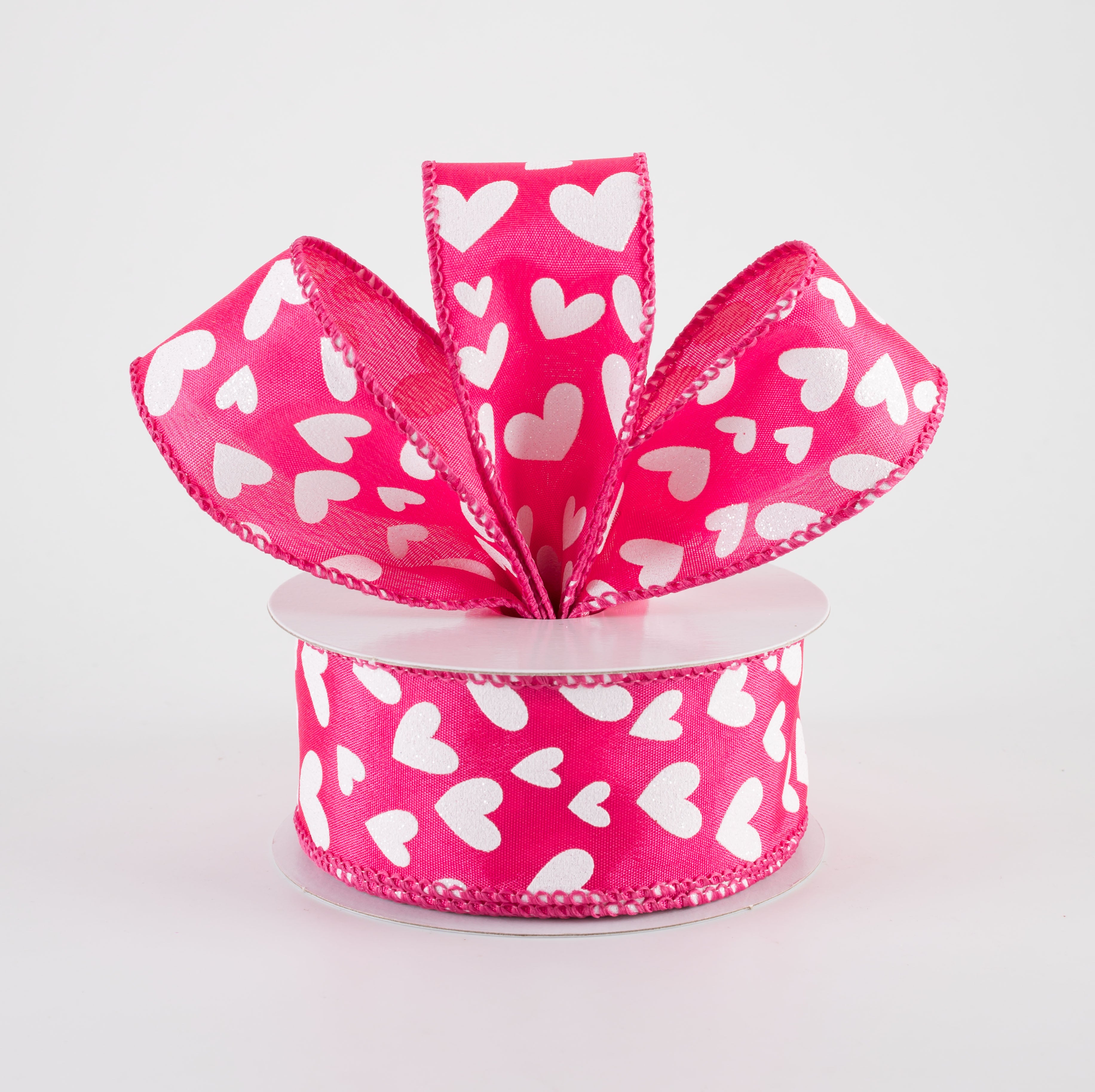 1.5" Satin Benson Hearts Ribbon: Fuchsia Pink & White (10 Yards)